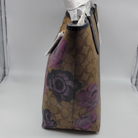 Coach City Tote in Signature Canvas with Kaffe Fassett Print 5697 Khaki Purple - Picture 4 of 8